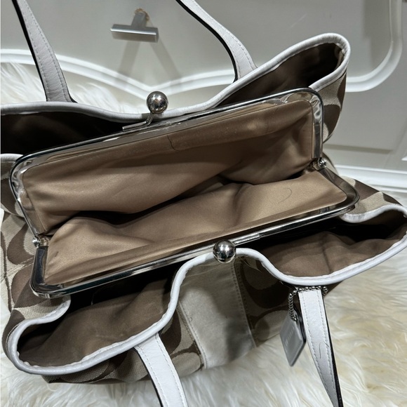 Coach Brown Ivory Jacquard Coach Signature Tote Carryall Bag Satchel Str… - Picture 3 of 10